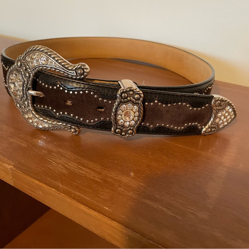 Justin leather studded rhinestone rodeo western belt dark brown large buckle